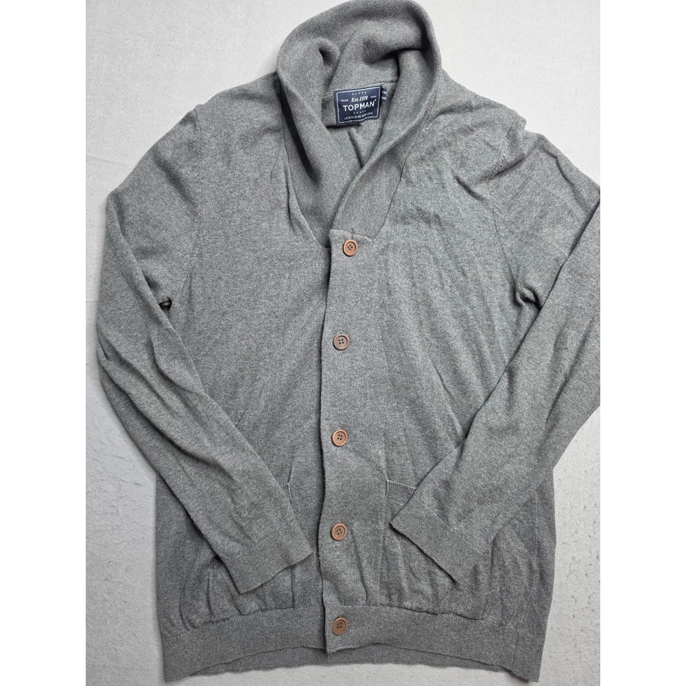 Topman Cardigan Sweater Men's Medium Gray 100% Cotton‎ Shawl Collar Button Front